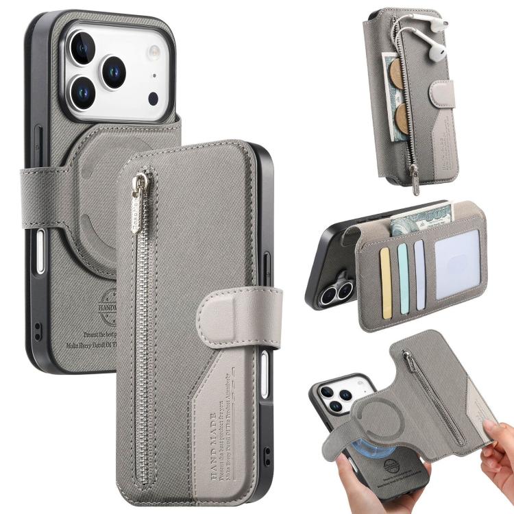 For iPhone 17 Pro Twill Fabric MagSafe RFID Anti-theft Zipper Wallet Leather Phone Case(Grey)