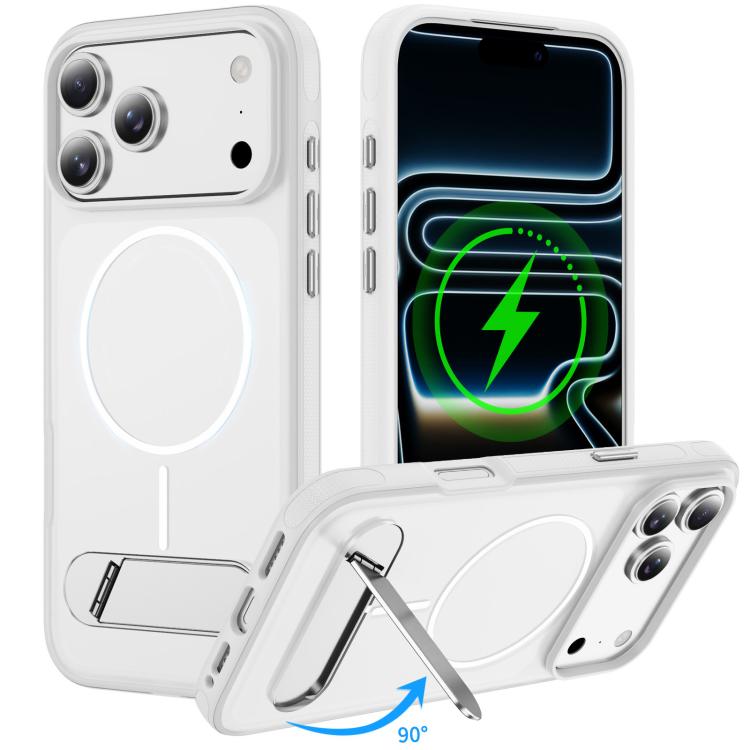 For iPhone 17 Pro Two-colors Imitation Original Magnetic Phone Case with Holder(Transparent White)