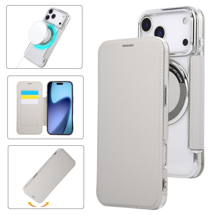 For iPhone 17 Pro Ultra-thin Magnetic Plating Vegan Leather Phone Case(Grayish White)