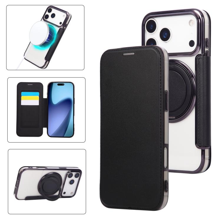For iPhone 17 Pro Ultra-thin Rotation Holder Magnetic Plating Vegan Leather Phone Case(Black)