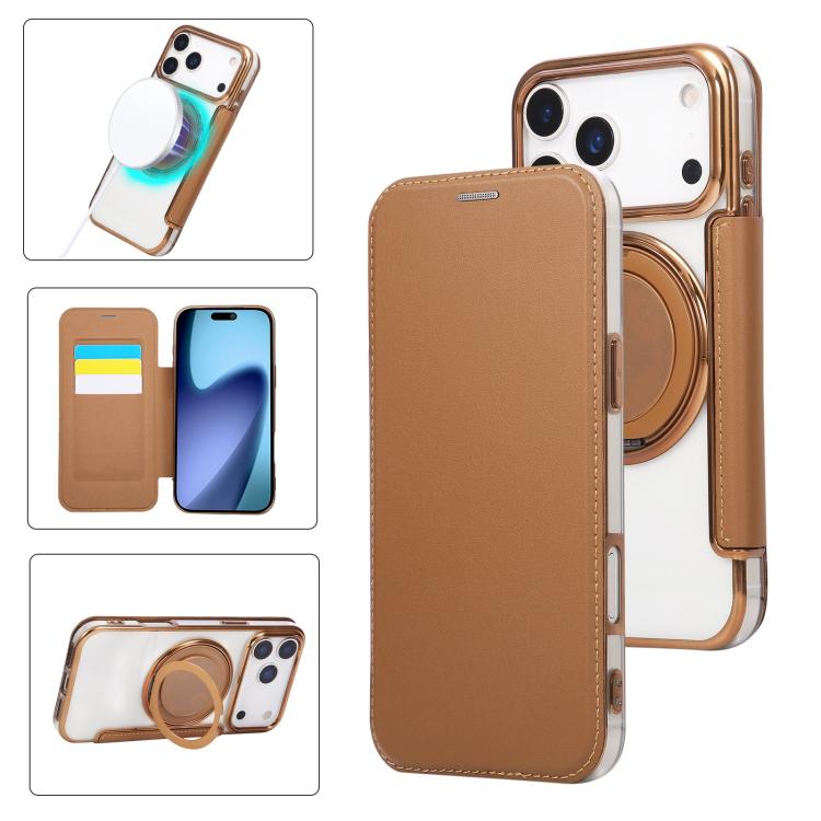 For iPhone 17 Pro Ultra-thin Rotation Holder Magnetic Plating Vegan Leather Phone Case(Brown)