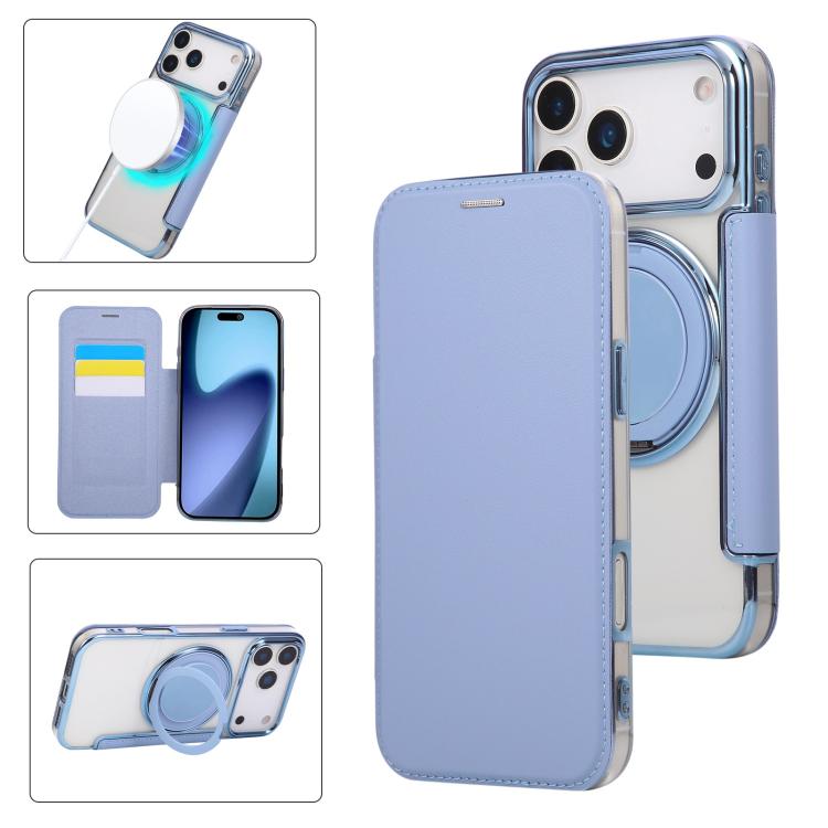 For iPhone 17 Pro Ultra-thin Rotation Holder Magnetic Plating Vegan Leather Phone Case(Sierra Blue)