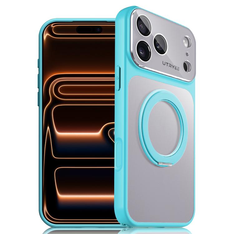 For iPhone 17 Pro UTRYEE Colorful Silver 360 Rotating Holder Phone Case(Light Blue)