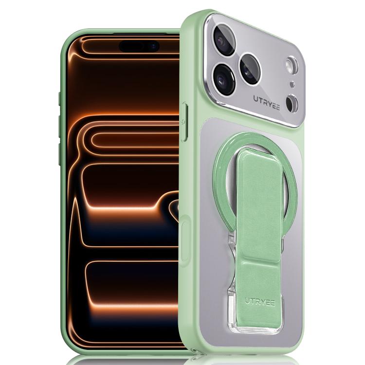 For iPhone 17 Pro UTRYEE Colorful Silver Magnetic Phone Case with PU Fold Holder(Green)