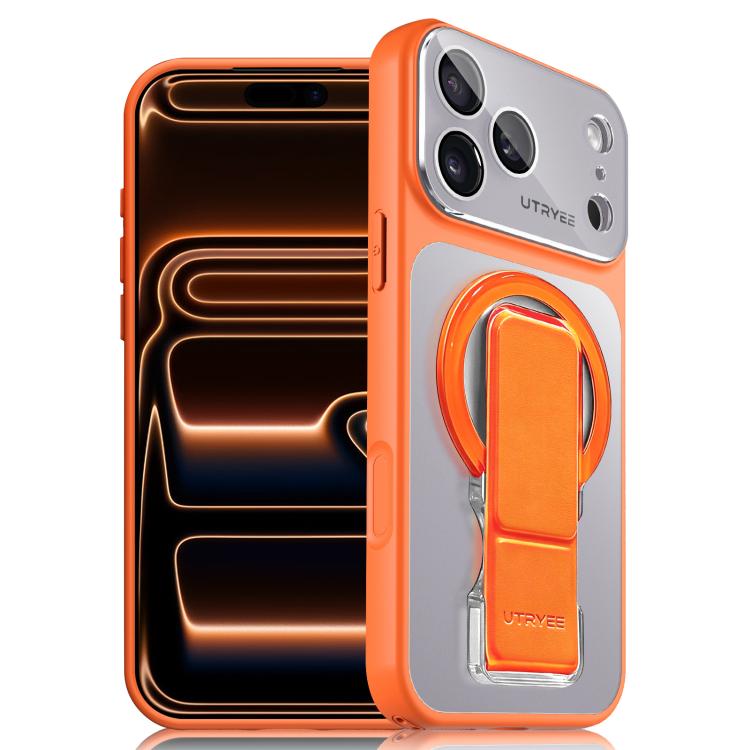 For iPhone 17 Pro UTRYEE Colorful Silver Magnetic Phone Case with PU Fold Holder(Orange)