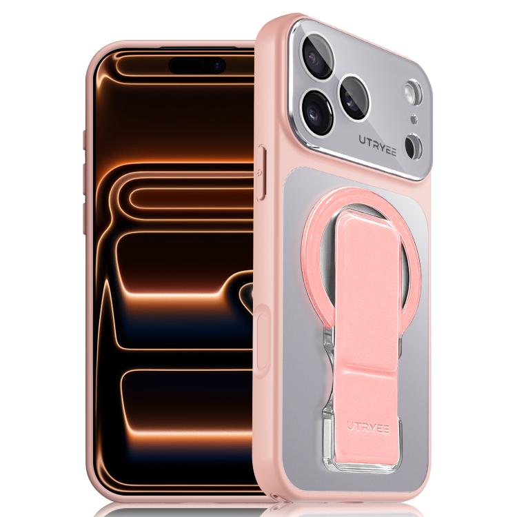 For iPhone 17 Pro UTRYEE Colorful Silver Magnetic Phone Case with PU Fold Holder(Pink)