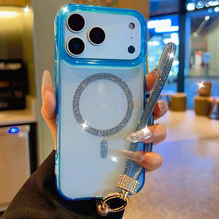 For iPhone 17 Pro UTRYEE Glitter Magnetic Ring Phone Case with Rhinestone Wrist Strap(Blue)