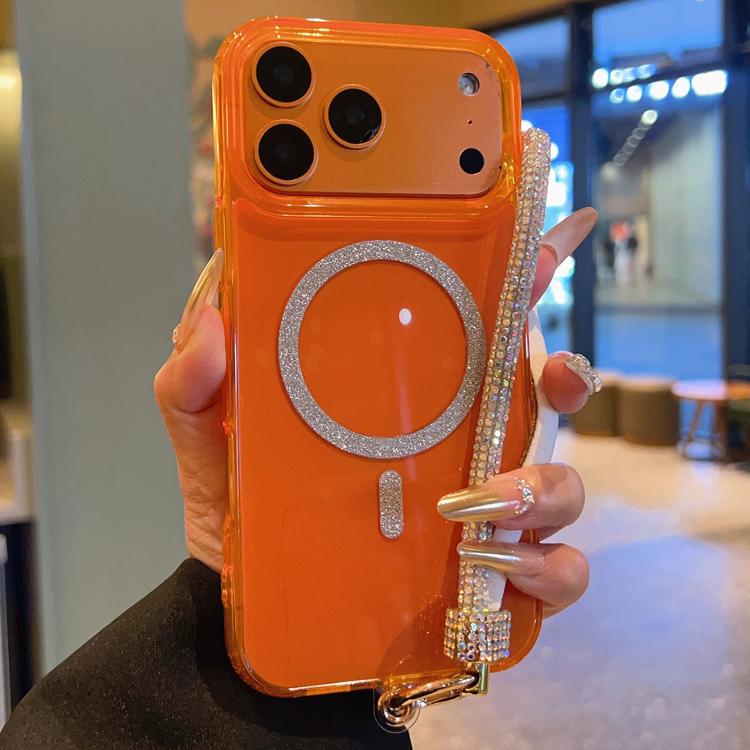 For iPhone 17 Pro UTRYEE Glitter Magnetic Ring Phone Case with Rhinestone Wrist Strap(Orange)
