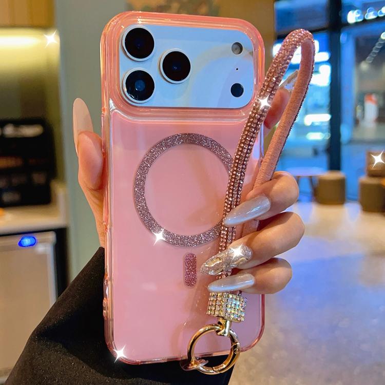 For iPhone 17 Pro UTRYEE Glitter Magnetic Ring Phone Case with Rhinestone Wrist Strap(Pink)