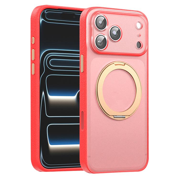 For iPhone 17 Pro Vegan Leather Magnetic Phone Case with 360 Degrees Rotating Stand(Berry Red)
