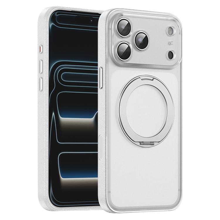 For iPhone 17 Pro Vegan Leather Magnetic Phone Case with 360 Degrees Rotating Stand(Cedar White)