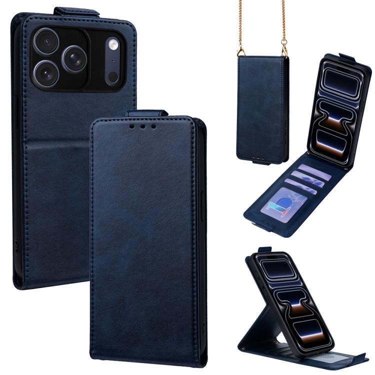 For iPhone 17 Pro Vertical Flip Cover Solid Color Vegan Leather Phone Case with Crossbody Chain(Blue)