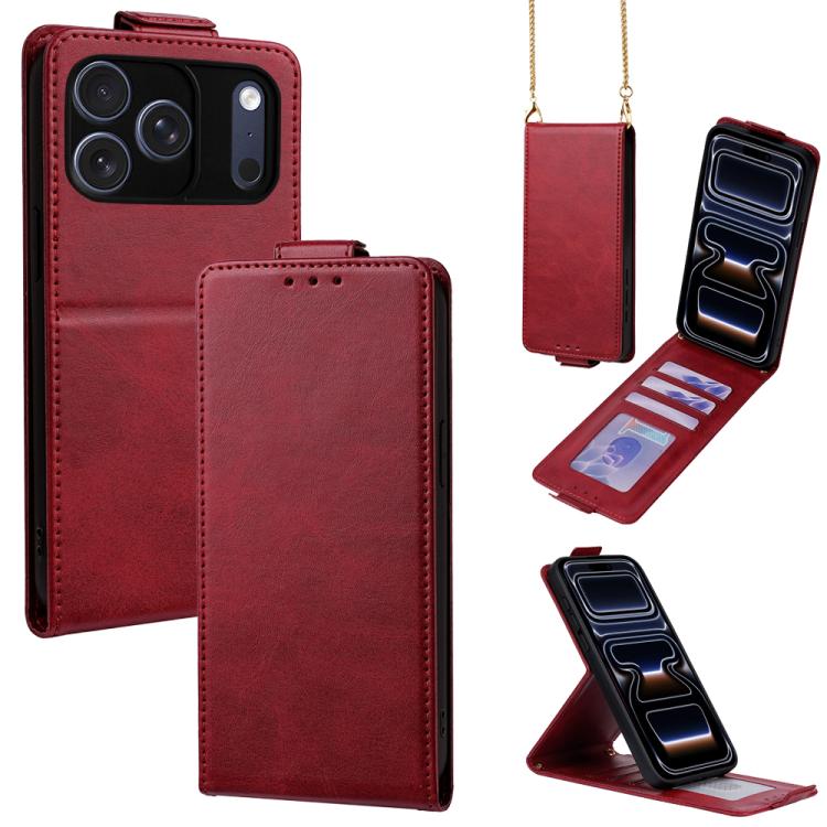 For iPhone 17 Pro Vertical Flip Cover Solid Color Vegan Leather Phone Case with Crossbody Chain(Red)
