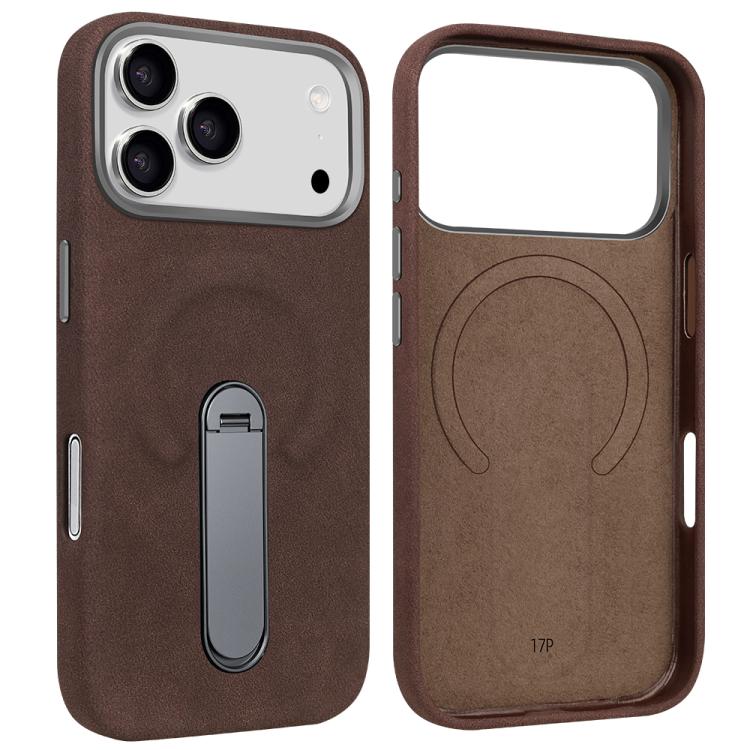 For iPhone 17 Pro VIETAO Suede MagSafe PU Leather Phone Case with Holder(Coffee Brown)