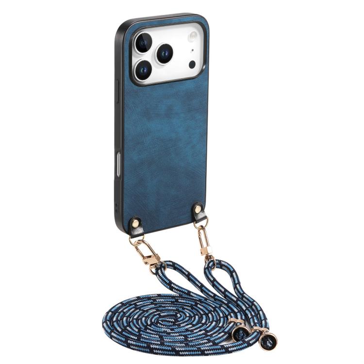 For iPhone 17 Pro Vintage Leather PC Back Cover Phone Case with Crossbody Strap(Blue)