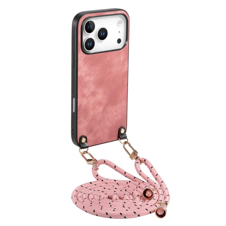 For iPhone 17 Pro Vintage Leather PC Back Cover Phone Case with Crossbody Strap(Pink)
