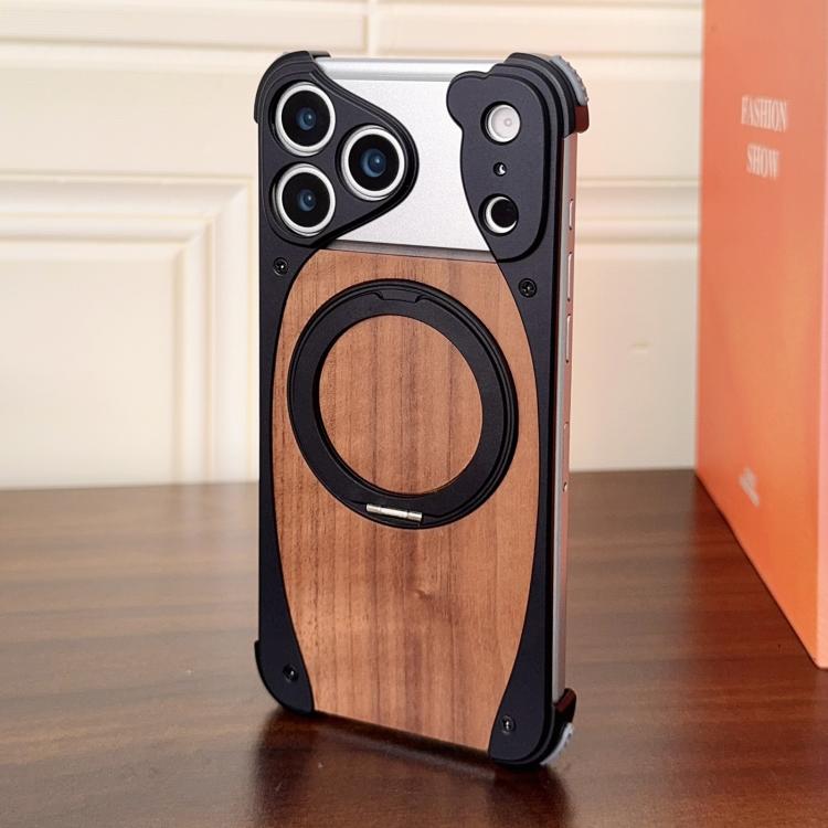 For iPhone 17 Pro Walnut Metal Frameless 360 Degree Rotation Holder MagSafe Phone Case(Black)