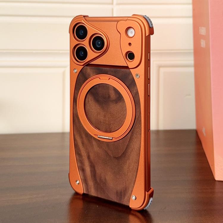 For iPhone 17 Pro Walnut Metal Frameless 360 Degree Rotation Holder MagSafe Phone Case(Orange)