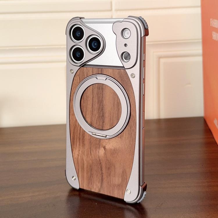 For iPhone 17 Pro Walnut Metal Frameless 360 Degree Rotation Holder MagSafe Phone Case(Titanium Color)