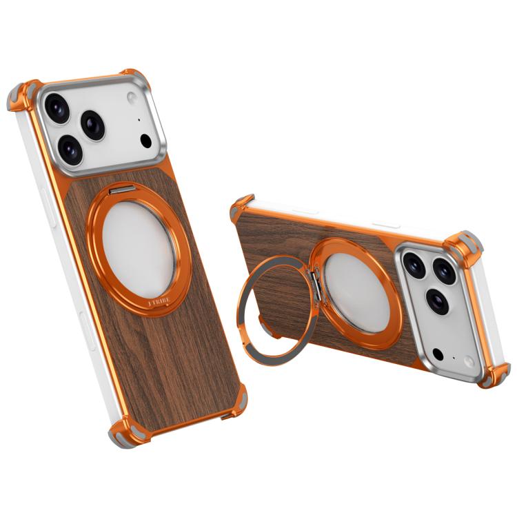 For iPhone 17 Pro Walnut Wood Frameless Hollow Magnetic Phone Case with Rotating Holder(Orange)