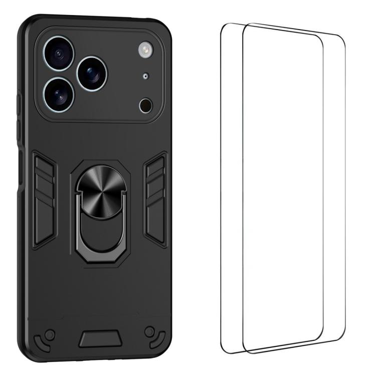 For iPhone 17 Pro WANLONFENG Armor Kickstand Shockproof Phone Case with 2pcs Screen Films(Black)