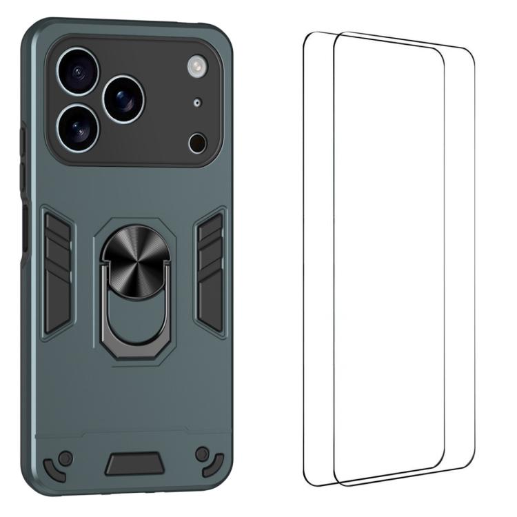 For iPhone 17 Pro WANLONFENG Armor Kickstand Shockproof Phone Case with 2pcs Screen Films(Green)