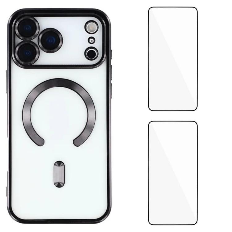 For iPhone 17 Pro WANLONFENG CD Magnetic Electroplated TPU Phone Case with 2pcs Screen Films(Black)