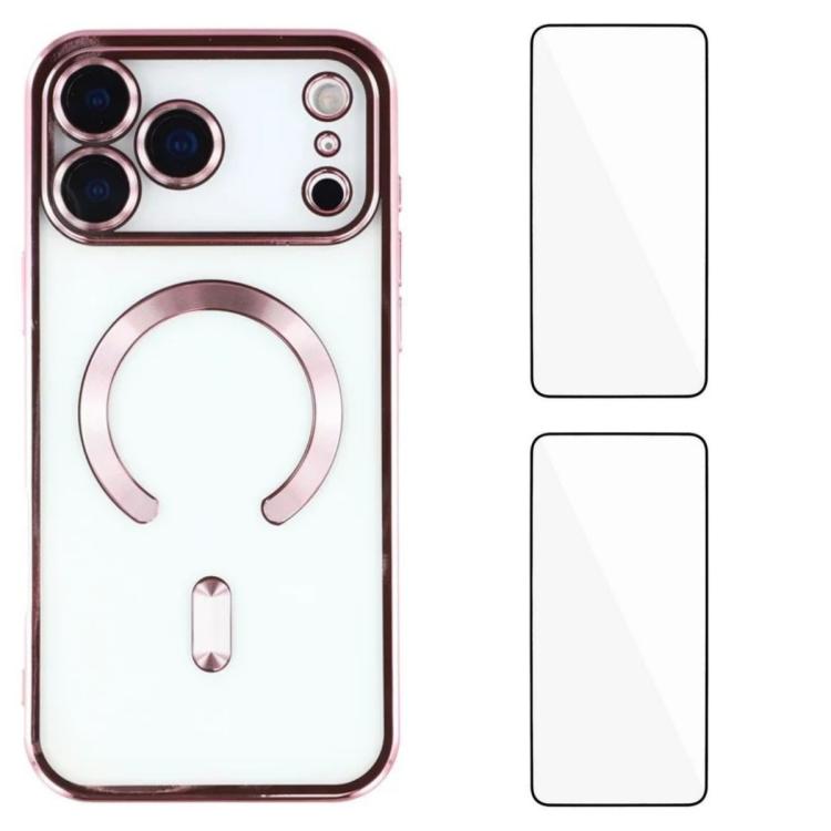 For iPhone 17 Pro WANLONFENG CD Magnetic Electroplated TPU Phone Case with 2pcs Screen Films(Pink)