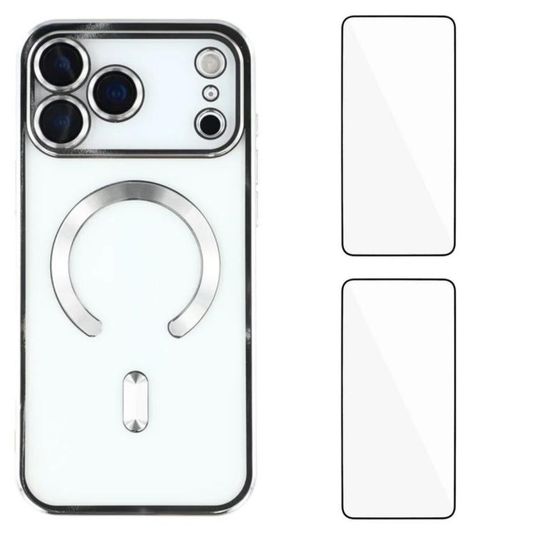 For iPhone 17 Pro WANLONFENG CD Magnetic Electroplated TPU Phone Case with 2pcs Screen Films(Silver)