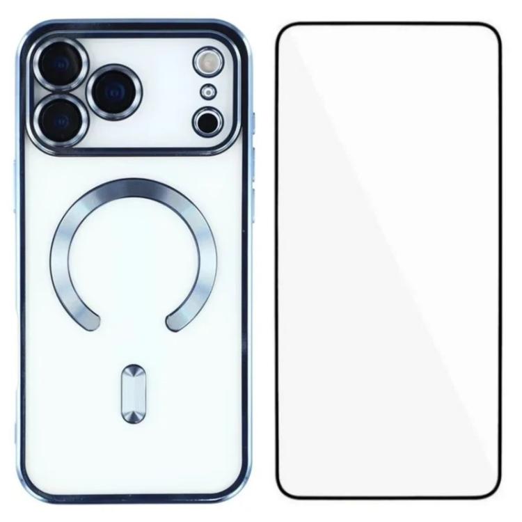 For iPhone 17 Pro WANLONFENG CD Magnetic Electroplated TPU Phone Case with Screen Protector(Blue)