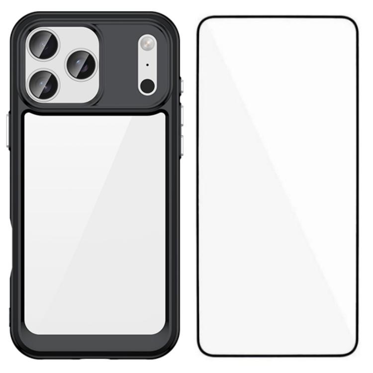 For iPhone 17 Pro WANLONFENG Electroplated Buttons TPU Acrylic Phone Case with Screen Protector(Black)