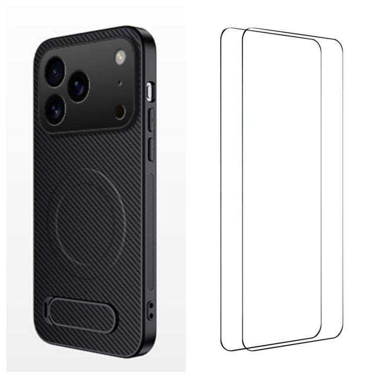 For iPhone 17 Pro WANLONFENG Kickstand Carbon Fiber Texture Magnetic Phone Case with 2pcs Screen Films(Black)