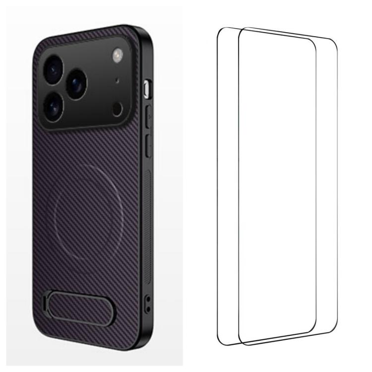 For iPhone 17 Pro WANLONFENG Kickstand Carbon Fiber Texture Magnetic Phone Case with 2pcs Screen Films(Purple)