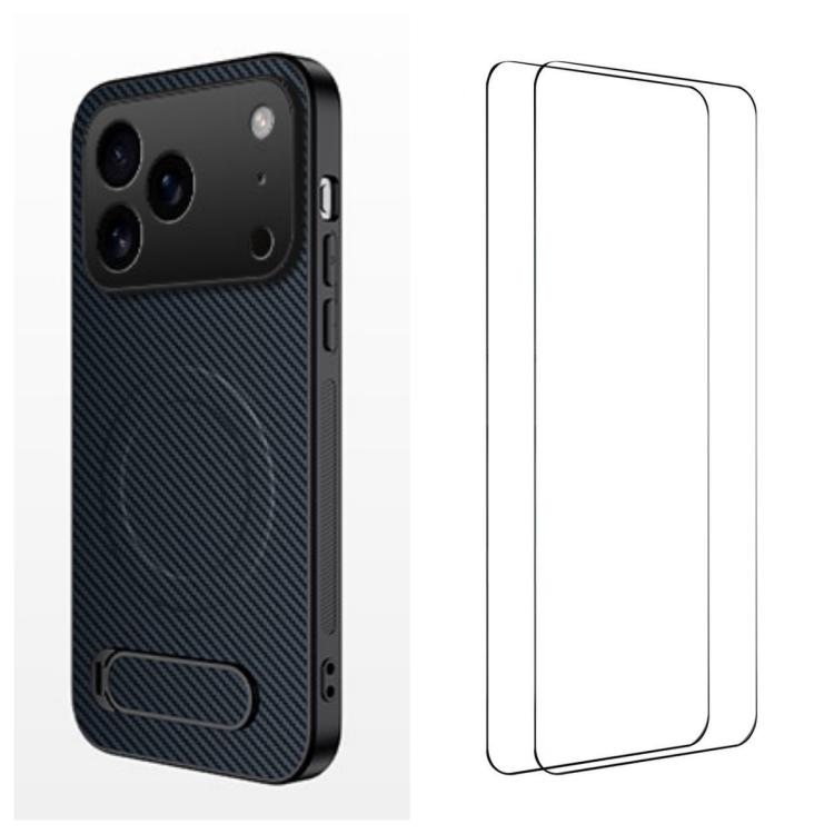 For iPhone 17 Pro WANLONFENG Kickstand Carbon Fiber Texture Magnetic Phone Case with 2pcs Screen Films(Sapphire Blue)