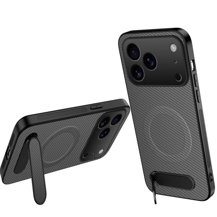 For iPhone 17 Pro WANLONFENG Kickstand Carbon Fiber Texture Magnetic Phone Case(Grey)