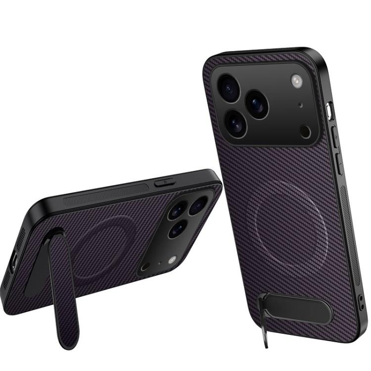 For iPhone 17 Pro WANLONFENG Kickstand Carbon Fiber Texture Magnetic Phone Case(Purple)
