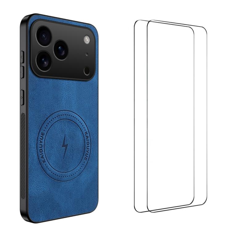 For iPhone 17 Pro WANLONFENG Nappa Texture Magnetic Phone Case with 2pcs Screen Films(Blue)