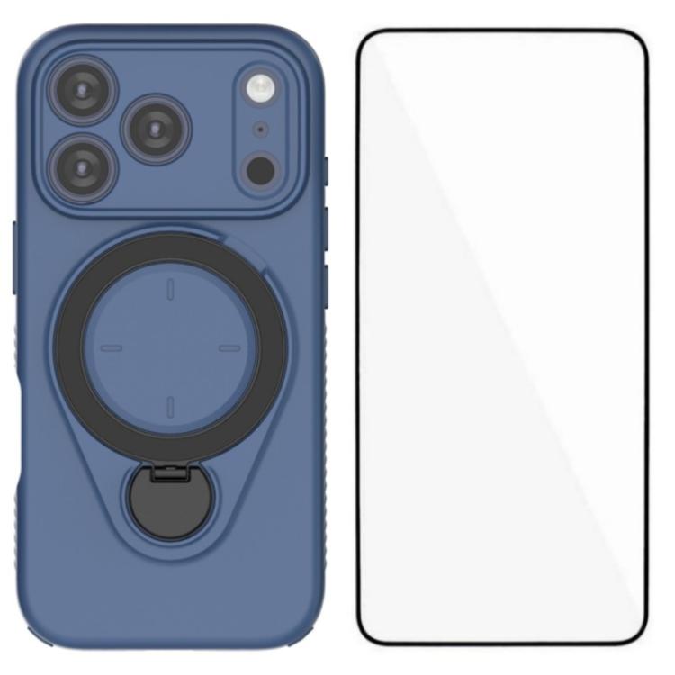 For iPhone 17 Pro WANLONFENG Ring Kickstand Phone Case with Screen Protector(Blue)