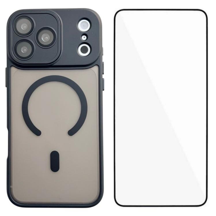 For iPhone 17 Pro WANLONFENG Skin-feel Magnetic PC Hybrid TPU Phone Case with Screen Protector(Black)