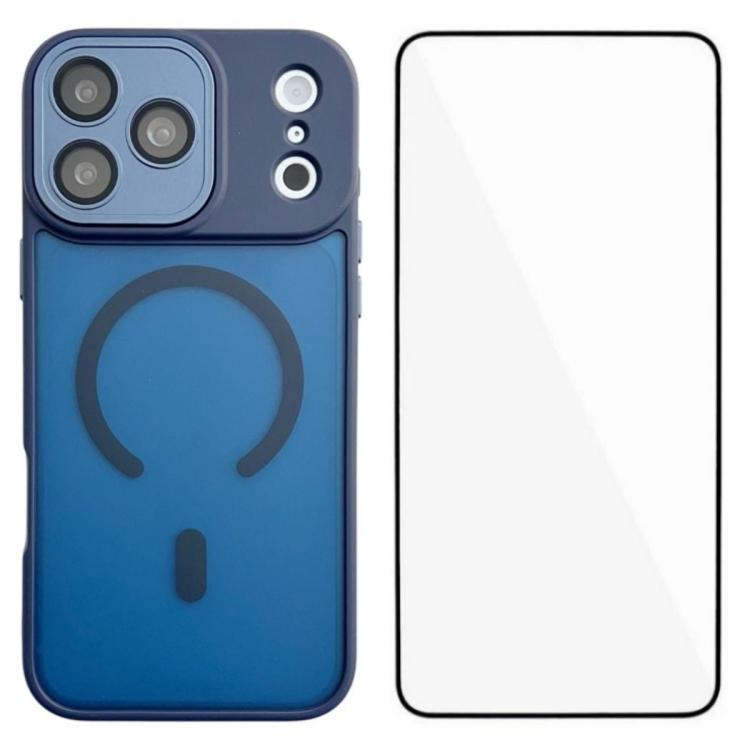 For iPhone 17 Pro WANLONFENG Skin-feel Magnetic PC Hybrid TPU Phone Case with Screen Protector(Blue)