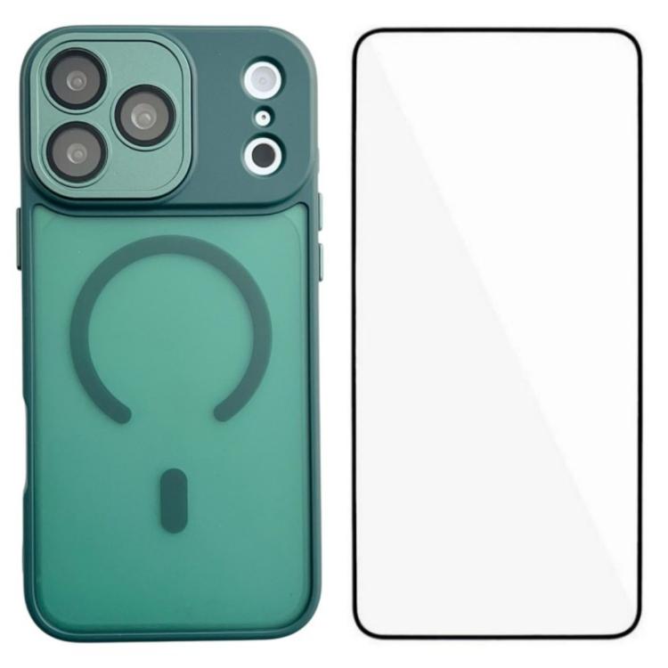 For iPhone 17 Pro WANLONFENG Skin-feel Magnetic PC Hybrid TPU Phone Case with Screen Protector(Green)
