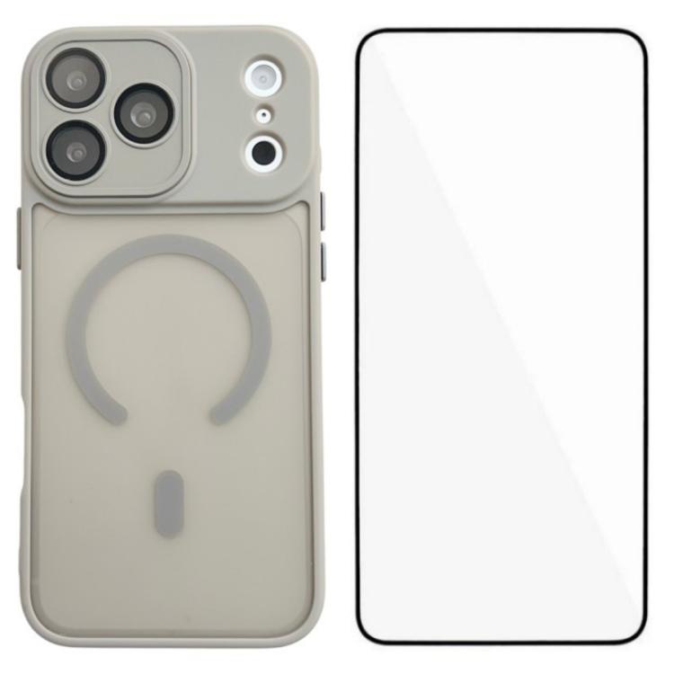 For iPhone 17 Pro WANLONFENG Skin-feel Magnetic PC Hybrid TPU Phone Case with Screen Protector(Grey)