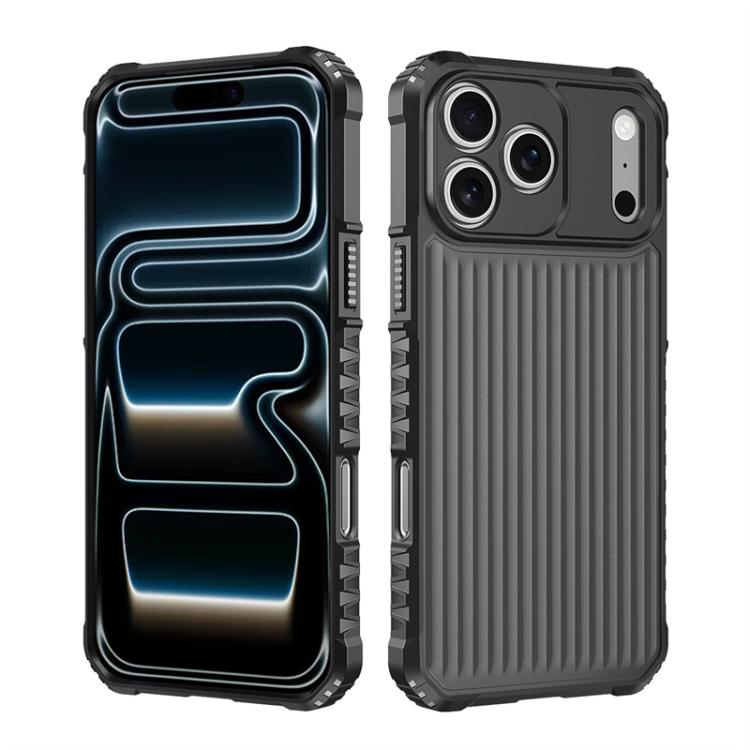 For iPhone 17 Pro War Shadow Stripe Series Airbag Frosted Shockproof Phone Case(Black)