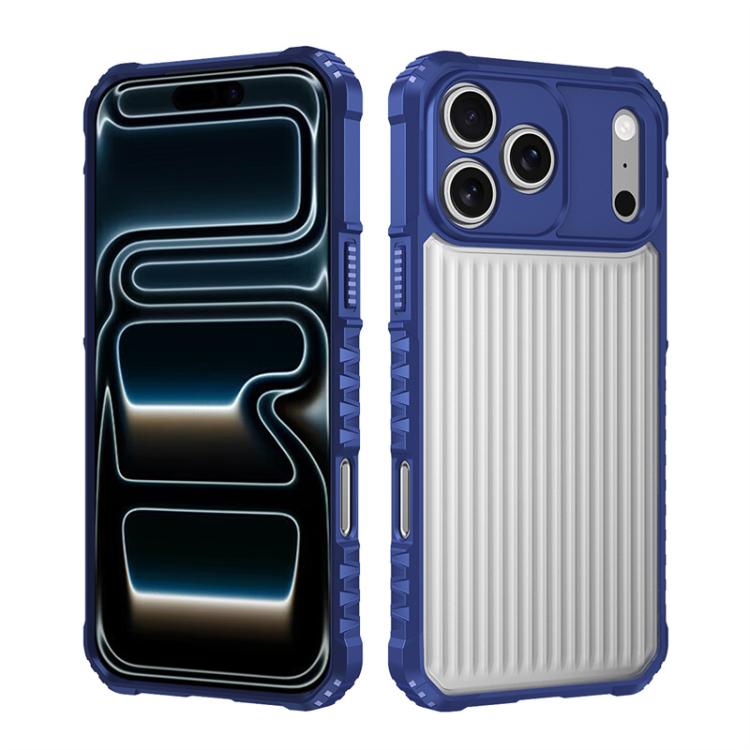 For iPhone 17 Pro War Shadow Stripe Series Airbag Frosted Shockproof Phone Case(Blue)