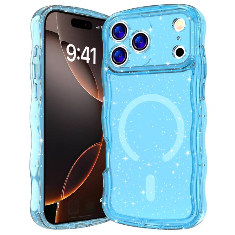 For iPhone 17 Pro Wave Glitter MagSafe Magnetic TPU Phone Case(Transparent Blue)