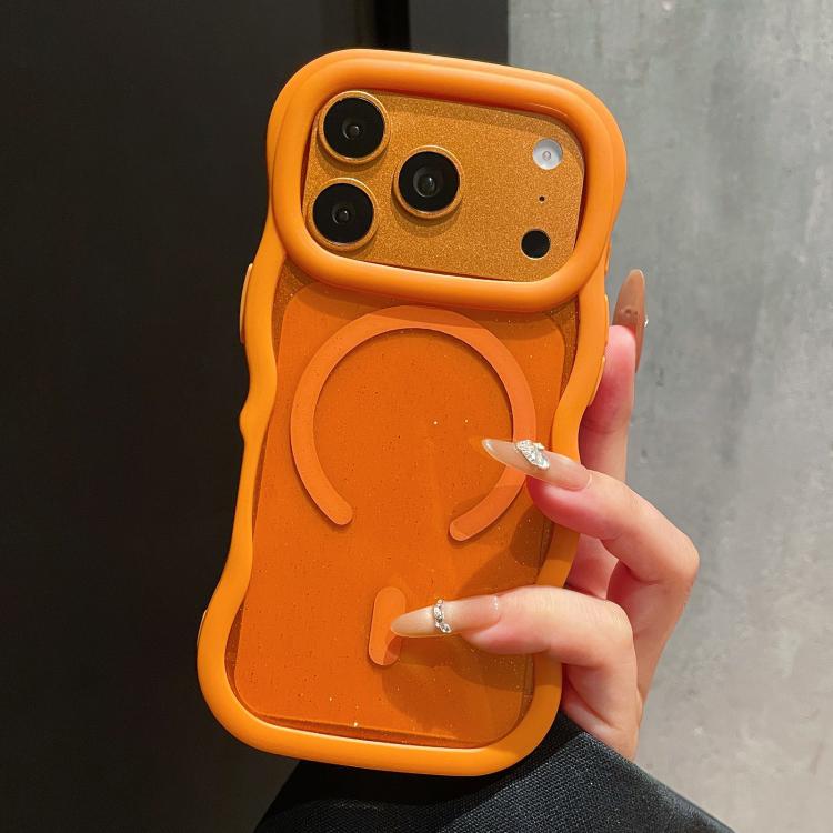 For iPhone 17 Pro Wavy Edge Translucent Glitter Magnetic Phone Case(Orange)