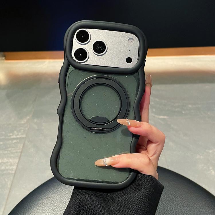 For iPhone 17 Pro Wavy Edge Translucent Glitter Rotating Bracket Magnetic Phone Case(Black)