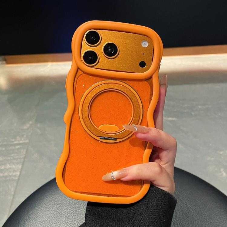 For iPhone 17 Pro Wavy Edge Translucent Glitter Rotating Bracket Magnetic Phone Case(Orange)