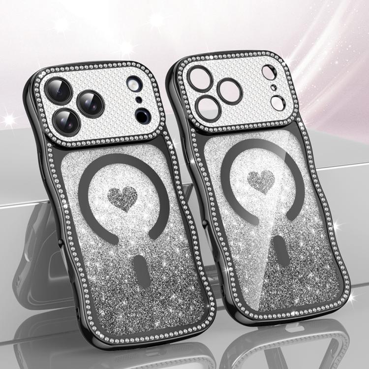 For iPhone 17 Pro Wavy Frame Star Diamond Electroplate TPU Glitter Heart Magnetic Phone Case(Gradient Black)