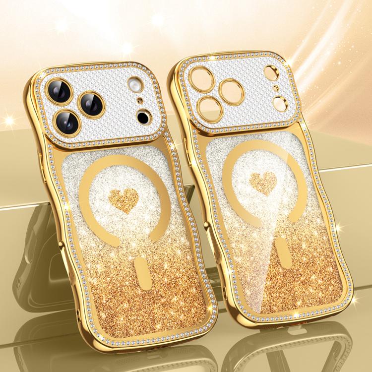 For iPhone 17 Pro Wavy Frame Star Diamond Electroplate TPU Glitter Heart Magnetic Phone Case(Gradient Gold)